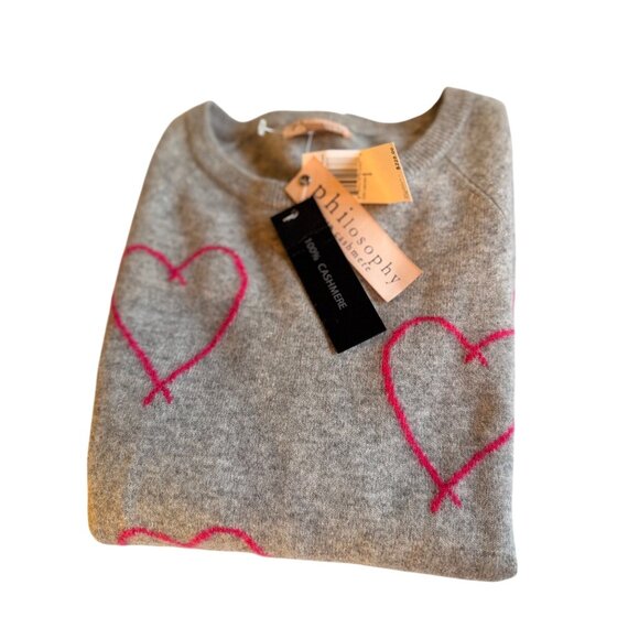 NWT Philosophy Sz S 100% Cashmere Gray Sweater With Pink Heart Design - Picture 9 of 12